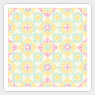 Pink, yellow and turquoise granny squares over cream Sticker